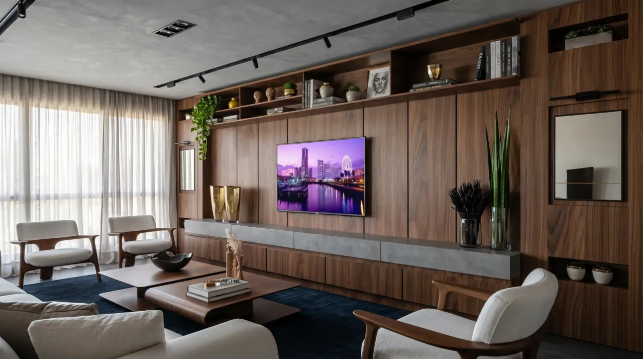 Projeto Damasso, sala de estar com painel de madeira e iluminação contemporânea